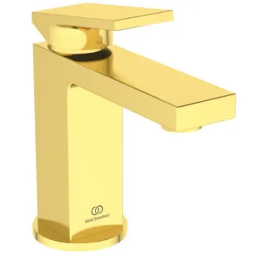 Wascharmatur in gebürstetem Gold-Finish mit flachem Auslauf und grifffreundlichem Hebel. Marke: Ideal Standard.